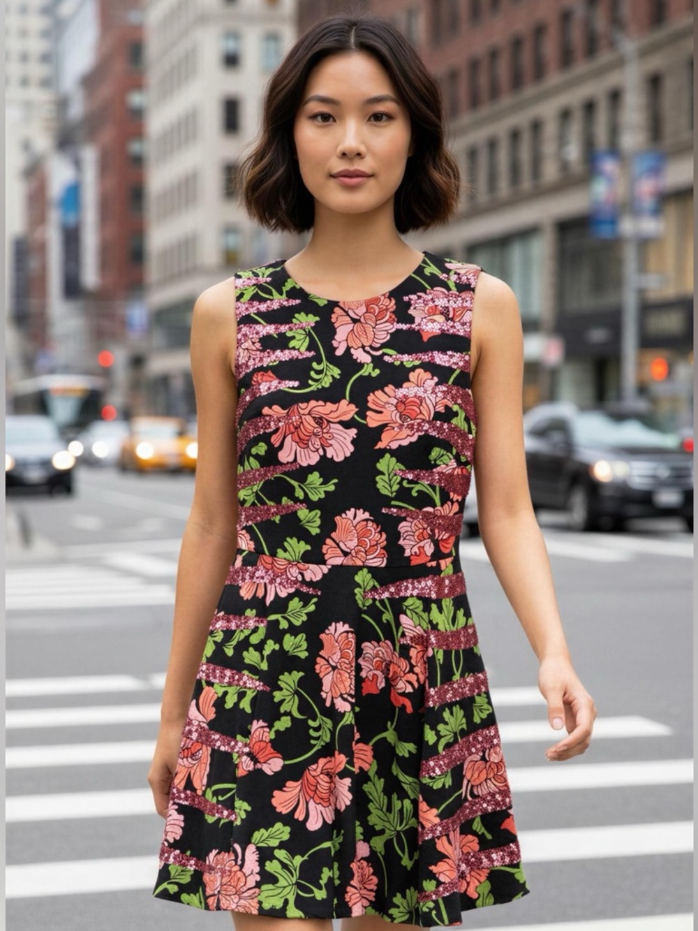 Manoush Floral Cocktail Mini Sleeveless Flowy Dress with Stunning Pink Sequins